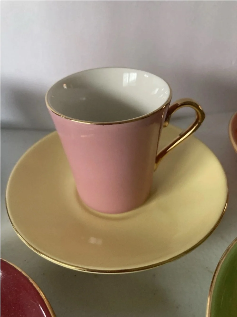 Classic Multicolor Pastel Espresso Cup and Saucer Set with Gold Trim